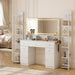 45" Large Makeup Vanitys with Mirror & Lights,Big Vanity Desk with 2 Side Shelves & Adjustable Brightness 3 Color Crystal Sparkle Led,Charging Station,26 Storage Areas for Girls Women White