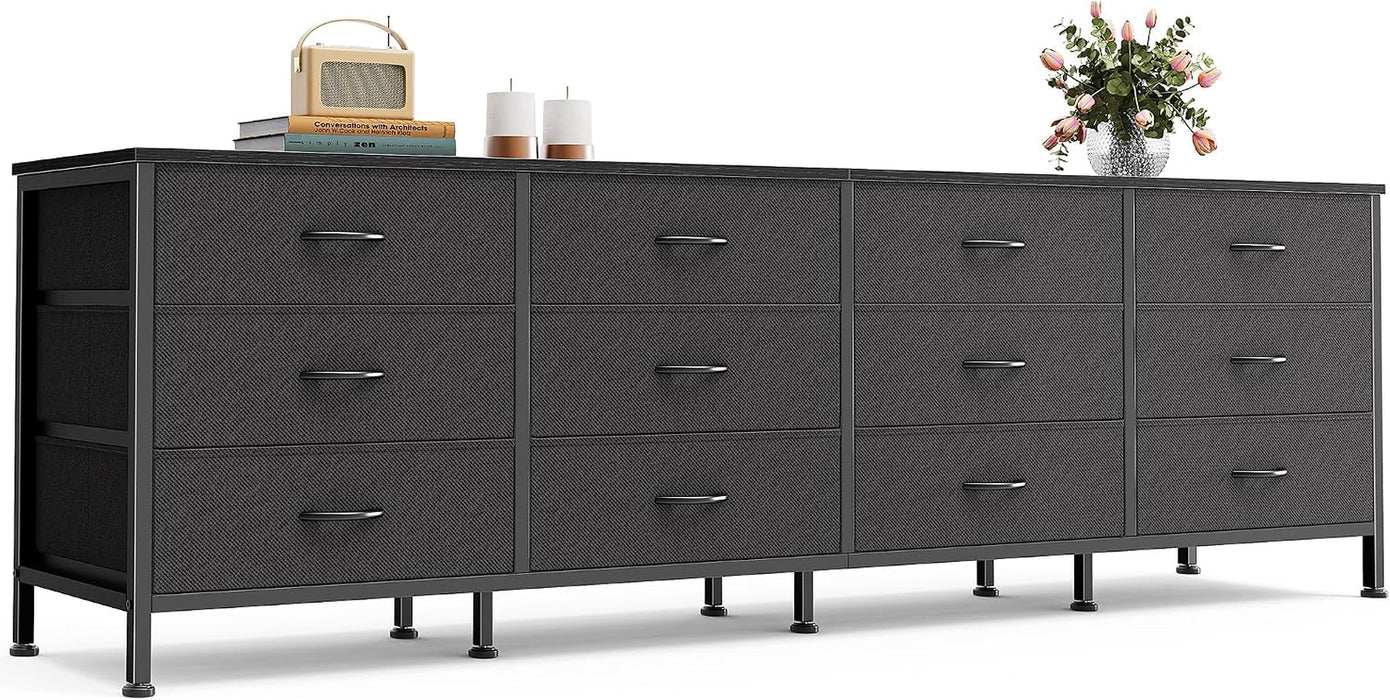 70 Inch Black Dresser for Bedroom, TV Stand for 65, 75, 80 Inch TV, 12 Fabric Drawer Long Dresser, Wide Chest of Drawer, Storage Units for Living Room