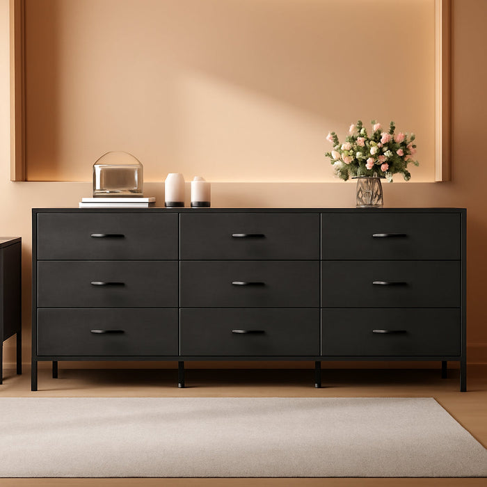 70 Inch Black Dresser for Bedroom, TV Stand for 65, 75, 80 Inch TV, 12 Fabric Drawer Long Dresser, Wide Chest of Drawer, Storage Units for Living Room