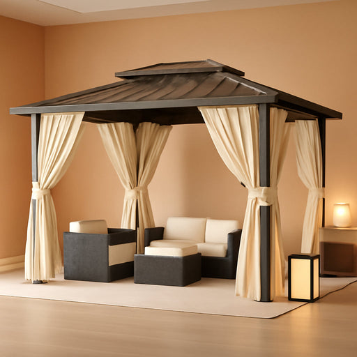10X15 Hardtop Gazebo on Clearance with Heavy Duty Galvanized Steel Metal Roof, Patio Hard Top Gazebo with Curtains & Netting,Outdoor Permanent Hot Tub Gazebo Pavillon for Backyard,Deck,Brown