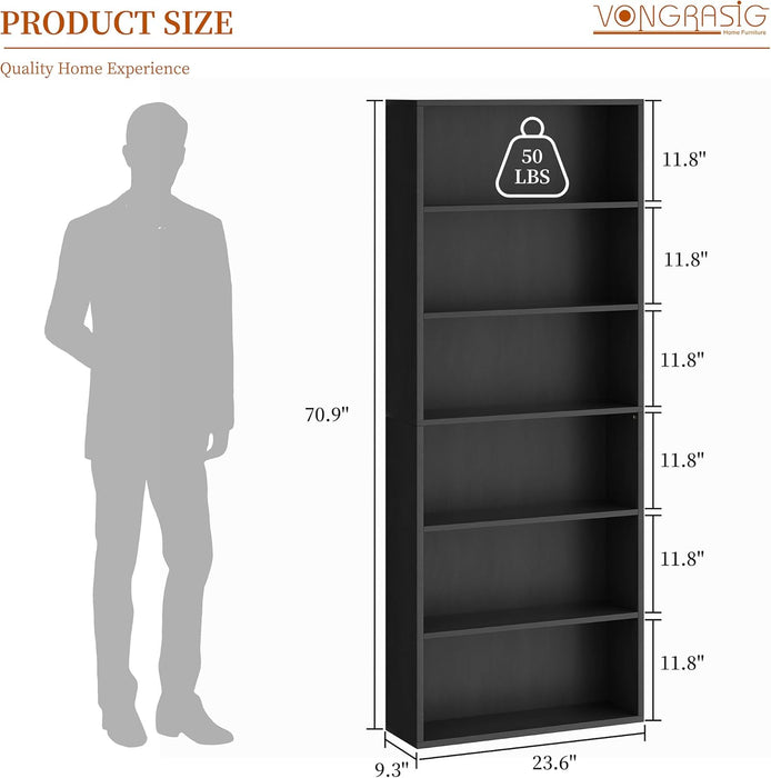 6-Tier Open Bookcase and Bookshelf, Floor Standing Wood Display Storage Shelves 71 Inch Tall Bookcase Home Decor Furniture for Home Office, Living Room, Bed Room, Black