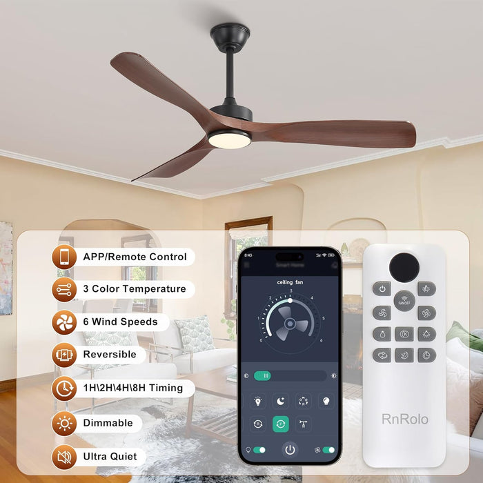 52 Inch Modern Ceiling Fan with Light and Remote & APP Control, ABS Ceiling Fan with 3 Blades and Downrods, Reversible Quiet DC Motor, Farmhouse Ceiling Fan for Bedroom Living Room Patio Porch