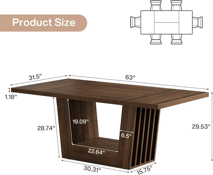 63-Inch Dining Table for 4-6, Farmhouse Rectangular Kitchen Dinner Table with Heavy-Duty Base, Wood Dining Room Furniture for Kitchen, Living Room, Home, Brown