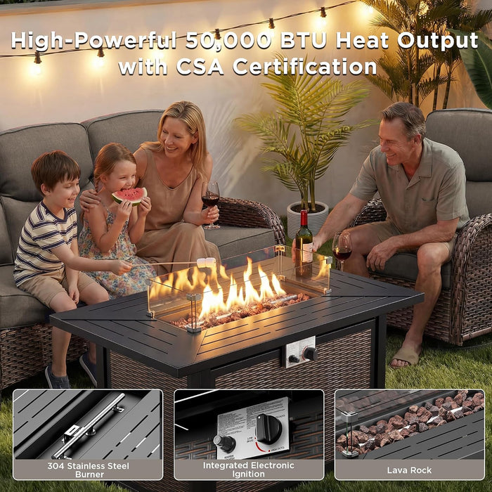 10 Pieces Luxury Patio Furniture Set with 42.5" Fire Pit Table, 6-Inch Thick Cushions Wicker Outdoor Furniture with Swivel Patio Chairs Set of 4, Outdoor Patio Conversation Set for Garden Deck, Gray