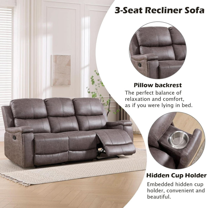 Faux Leather Manual Reclining Sofa,3 Seat Recliner Couch Sofa with Overstuffed Arms and Back,Manual Recliner Sofa Set with Concealed Cup Holders for Living Room,Grey