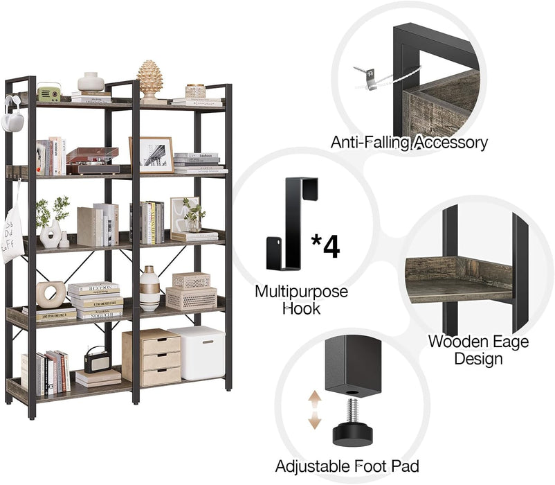 Large Industrial Grey Wooden 5 Tier Bookshelf