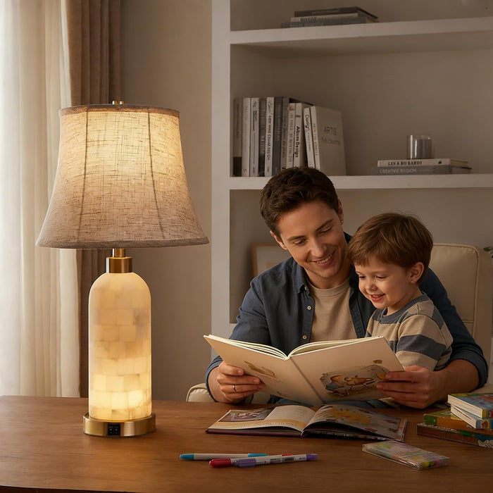 25" Natural Alabaster Table Lamps Set of 2 with LED Night Light