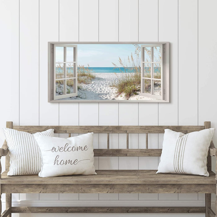 Beach Window Wall Art Canvas: Relaxing Bedroom Living Room Blue Ocean Coastal Scene Picture Modern Tropical Sea Landscape Painting Print Decor Horizontal Summer Seascape Artwork for Home