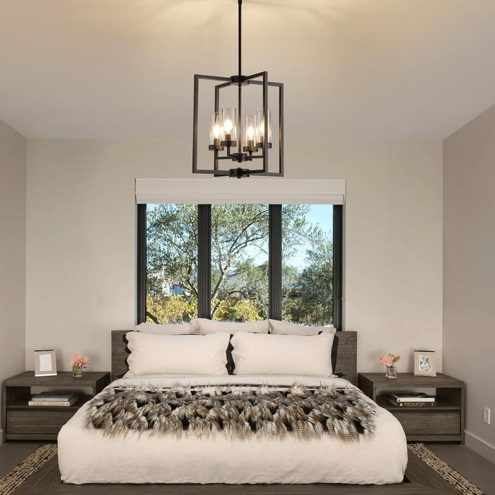 Black Chandeliers for Dining Room, 4-Light Entryway Chandelier for Foyer, 15.7" Hanging Kitchen Light Fixtures Geometric Modern Farmhouse Chandelier for Entryway Hallway Living Room Stairway