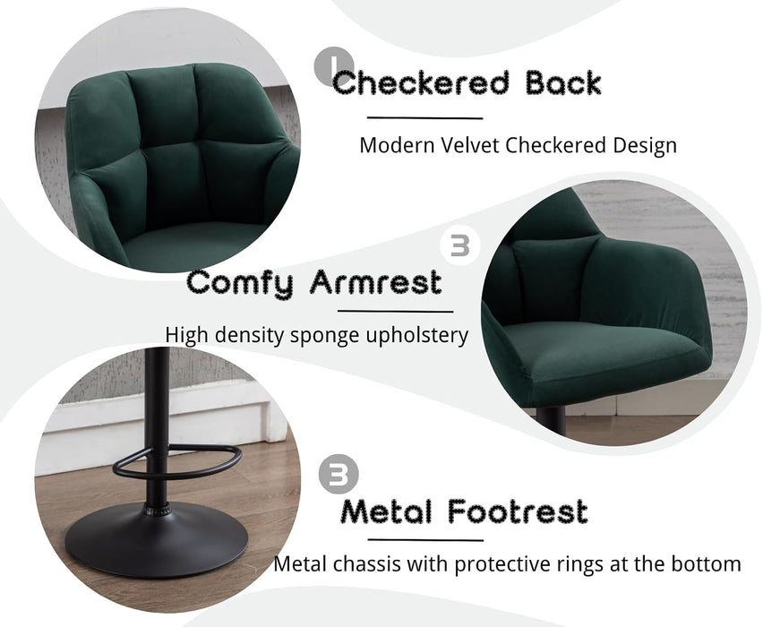 Modern Swivel Bar Stools Set of 2 Velvet Counter Height Barstools with Back and Arms Adjustable Bar Stool Chairs with Metal Base for Kitchen Island/Home Bar/Dining Room, Green
