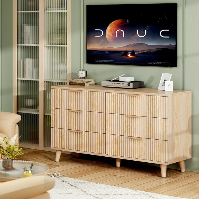 Wood 6 Drawers Dresser, 53.2" W Fluted Modern Dressers for Bedroom