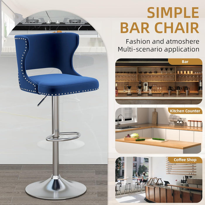 Bar Stools Set of 4, Velvet Swivel Adjustable Barstools with Hollow Back, Rivet Trim and Stable Chrome Base, Upholstered Counter Height Bar Stools for Kitchen Island, Blue