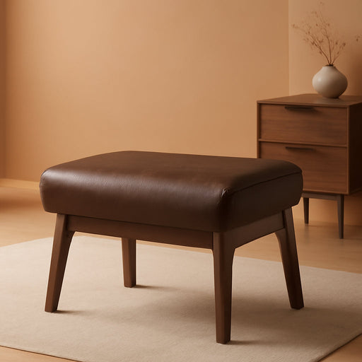 Birk Mid-Century Modern Walnut Wood Dark Brown Distressed Faux Leather Ottoman