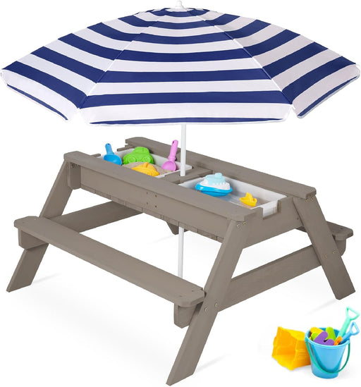 Kids 3-In-1 Sand & Water Table, Wood Outdoor Convertible Picnic Table W/Umbrella, 2 Trays, Removable Top - Gray/Navy