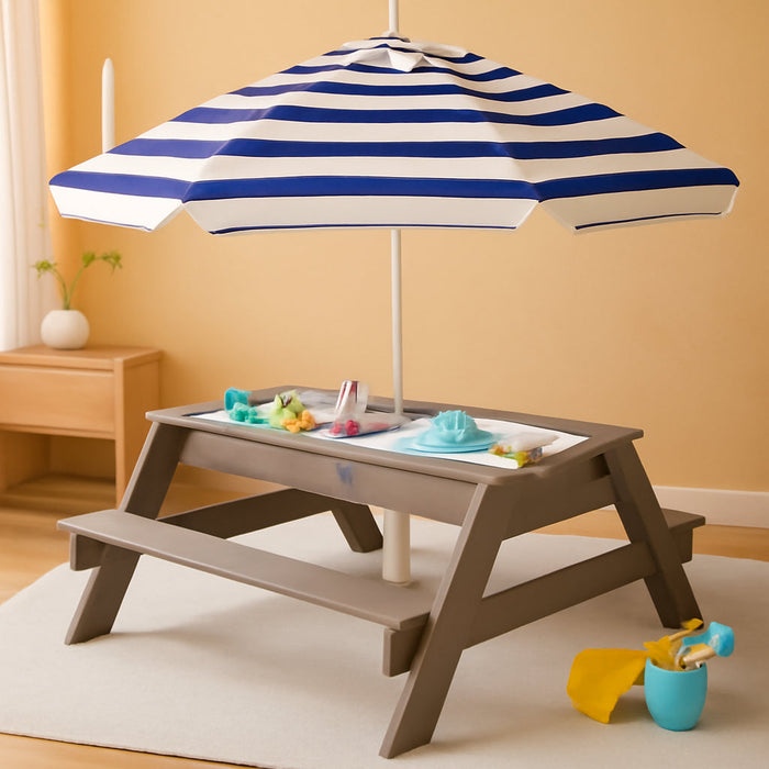 Kids 3-In-1 Sand & Water Table, Wood Outdoor Convertible Picnic Table W/Umbrella, 2 Trays, Removable Top - Gray/Navy