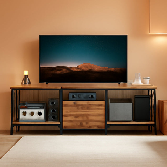 TV Stand with Power Outlet up to 75 Inch, Entertainment Center with 2 Fabric Drawers, TV Console Table with Open Storage Shelves for Tvs, Cable Management, for Living Room, Bedroom, DS18UBRY1