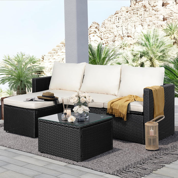 Patio Furniture Set with Detachable Soft Cushions, All Weather Outdoor PE Rattan Patio Conversation Sofa Set, 3-Piece Patio Sectional Sofa with Glass Coffee Table & Ottoman, Black Rattan/White