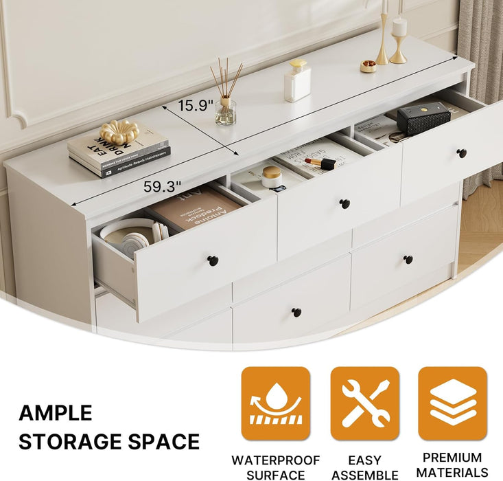 PureWhite Nine Drawer Dresser 59 Inches StorageBin