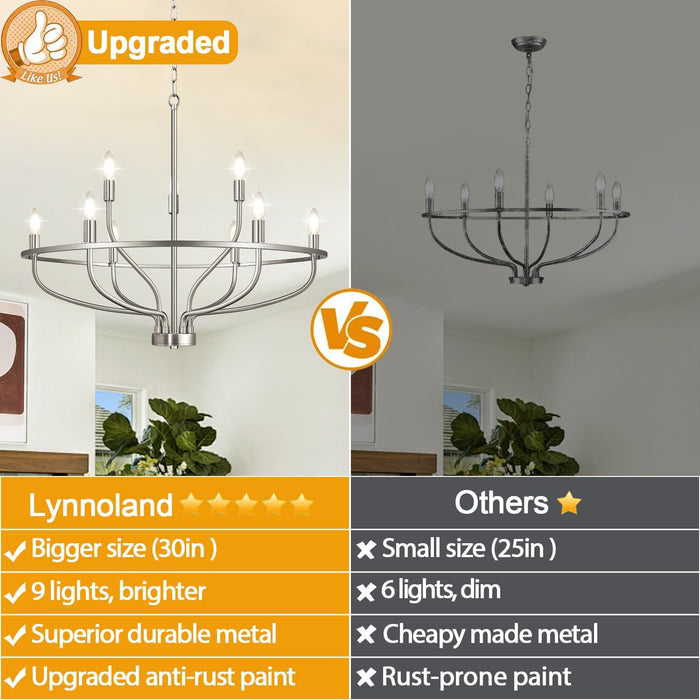 30" Brushed Nickel Chandelier, 9-Light Modern Chandelier for Dining Room Lighting Fixtures Hanging, Pendant Lights for Kitchen Island, Living Room, Bedroom Height Adjustable (Bulbs Not Included)