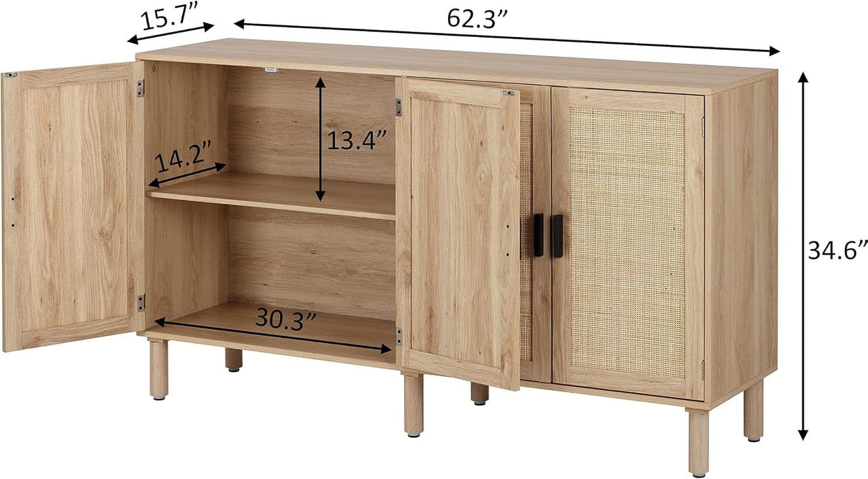 4 Door Sideboard Buffet Cabinet, Kitchen Storage Cabinet with Rattan Decorated Doors, Cupboard Console Table, Boho Accent Liquor Cabinet for Home Bar, 62.3X 15.7X 34.6 Inches, Natural