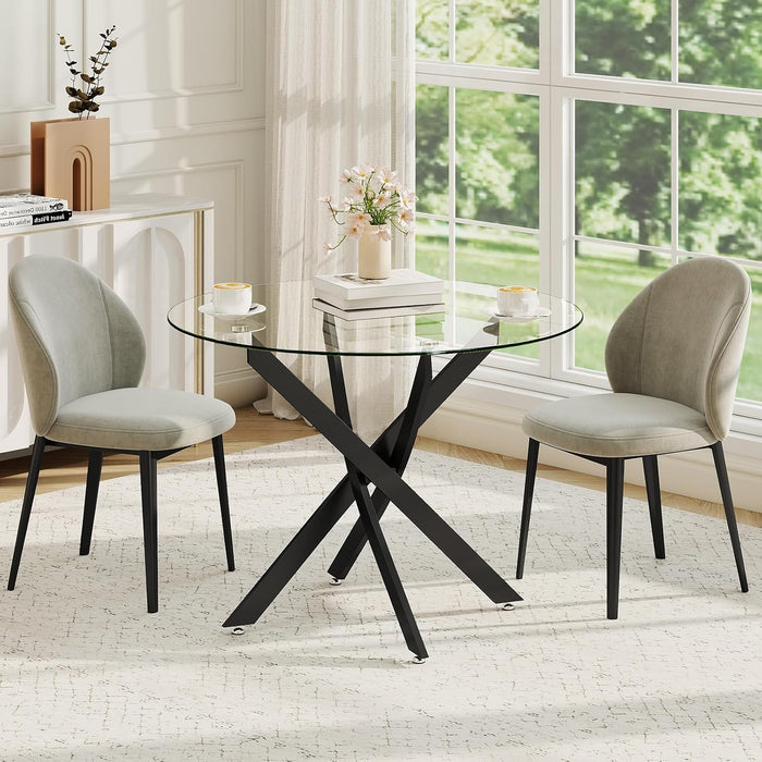 35.5" Glass Dining Table for 4, round Tempered Glass Kitchen Table | Modern Circle Glass Dinner Table with Black Metal Legs for Space Saving Dining Room Apartment Home Office
