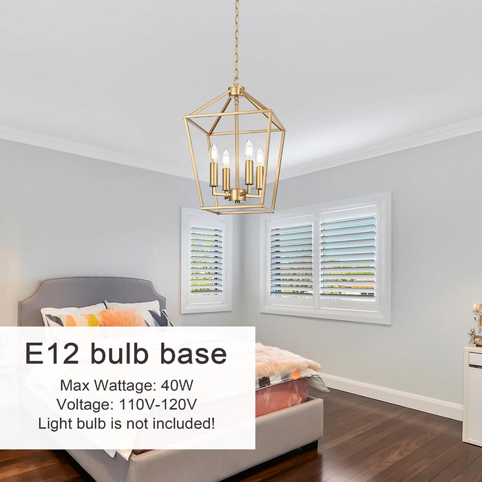 4-Light Gold Farmhouse Chandelier Iron Lantern Pendant Light