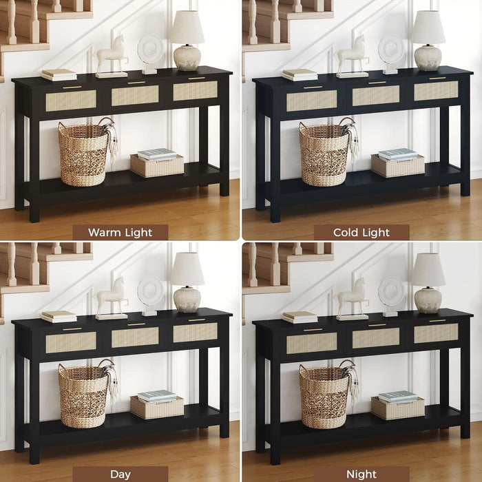 Entryway Console Table with 3 Rattan Drawers - Long Sofa Table behind Couch Modern Fluted Hallway Living Room Storage Cabinet, Entry Table Open Shelf Foyer Furniture, Anti-Tip, Black, 47 Inch