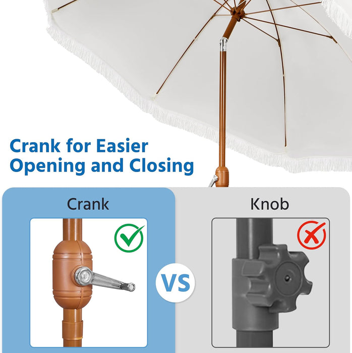 9Ft Patio Umbrella with Tassels, Fringe Portable Beach Umbrella, Umbrella Outdoor Patio with Crank Operating Mechanism, Tilting Aluminum Pole, Fiberglass Ribs for Garden, Pool, Cream
