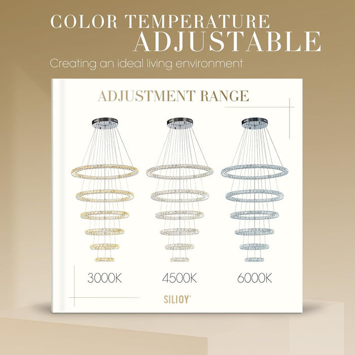 Modern Crystal Chandelier Lighting, 6 Ring Chandelier LED Ceiling Lights Fixtures with 3-Color, High Ceiling Foyer Chandeliers for Living Room Dining Room Staircase, D8-12-16-20-24"-28"