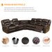 PU Leather Sectional Sofa Set, Reclining Couch for Living Room with Cup Holders, Love Seat with Wedge Wood Table, 5 Seater Theater Seating with Storage, Retro Brown