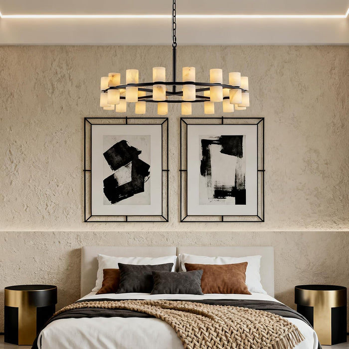 Alabaster round Chandelier, Natural Spanish Stone Texture Chandeliers, D31In round Chandeliers for Dining Room Chandelier Light Fixture for Kitchen Living Room Foyer Entryway Hallway (Black)