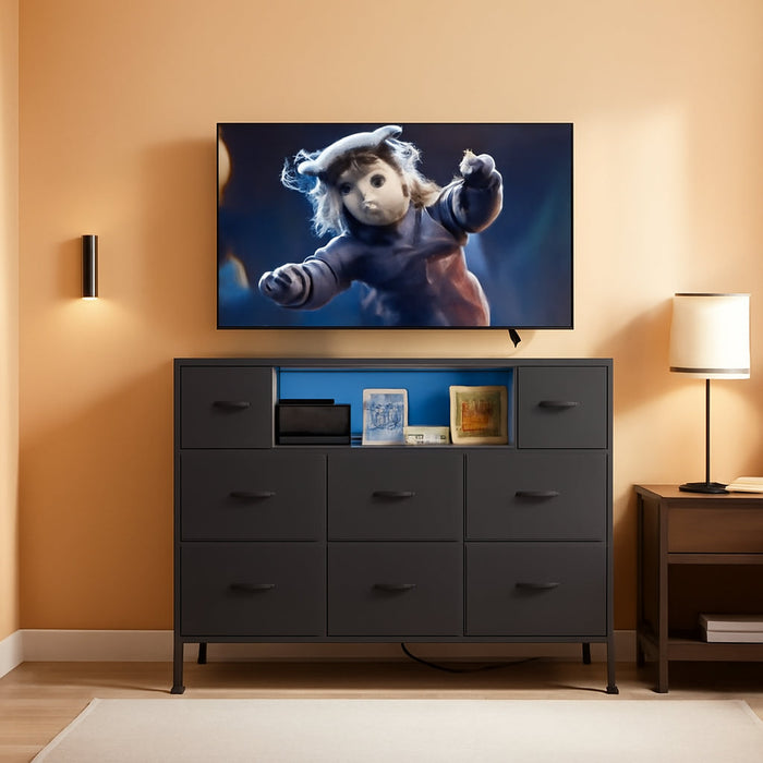 Dresser for Bedroom with Power Outlets and LED Lights, Black 55" TV Stand with 8 Drawers, Fabric Chest of Drawers with PU Finish for Living Room, Entryway