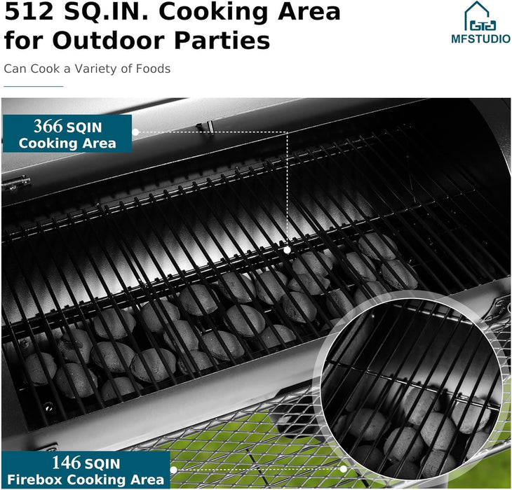 Heavy Duty Charcoal Wood Offset Outdoor Smoker Grill, Charcoal Grill with Smoker Combo for BBQ Grilling, 512 SQ.IN.