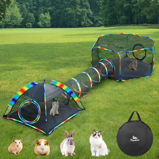 Rainbow Outdoor Cat Enclosures for Cats Indoor, Patio Portable Mesh Cat Tent, Tunnel, Playhouse with Free Carry Bag & Metal Rod for Multiple Small Animals, Includes Playpen+Tent+Pet Tunnel, Rainbow
