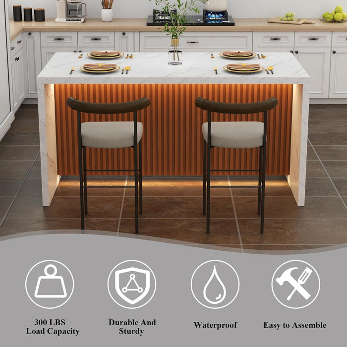 63" Large Imitation Marble Dining Table for 4-6 People, with LED Lights | Modern Kitchen Island Table, Marble Stripes Kitchen Dining Table with Grille Design for Dining Room,Living Room (White)