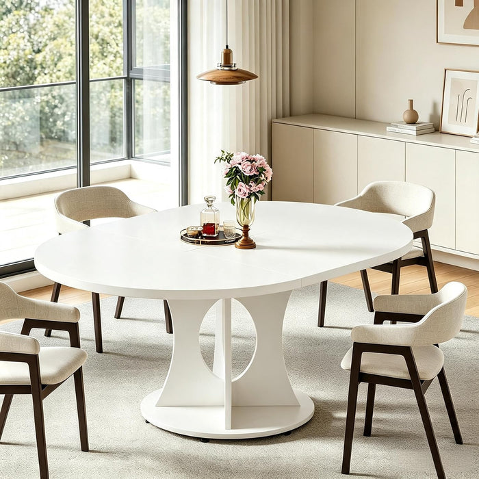 43-59" Expandable round Dining Table, Kitchen Table with Hidden Storage | Space Saving White Modern Design, Solid Pedestal Base for Dining Room & Small Apartments, Wood Table, Easy Assembly