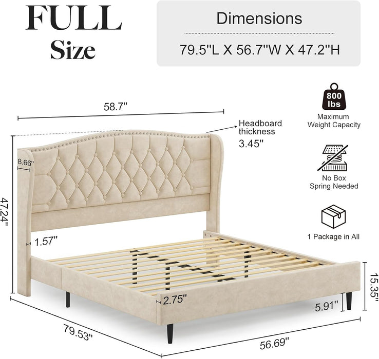 Full Size Bed Frame with Headboard, Luxury Upholstered Velvet Platform Bed with Wingback, Button Tufted & Nailhead Trim, Anti-Slide Tall Footboard, No Box Spring Needed, Noise-Free, Beige