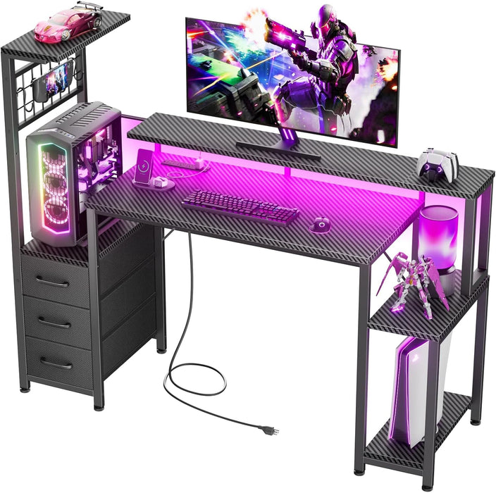 48 Inch Gaming Desk with LED Lights & Power Outlets,Computer Desk with Fabric Drawers & Side Hook,Reversible Gamer Table with Monitor Stand for Game Room,Home Office,Carbon Fiber Black