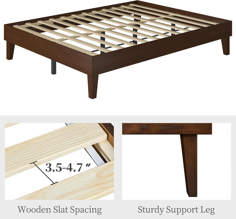 Queen Bed Frame Natural Solid Wood Platform Bed with Wooden Slats Support, 7.3-Inch Underbed Space for Storage, Noise-Free Design, Easy Assembly, Dark Walnut Finish