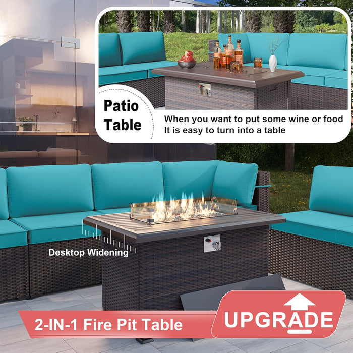 7 Pieces Patio Furniture Set, Rattan Outdoor Conversation Sets W/43In Propane Fire Pit Table and 4 Inch Cushion(Blue)