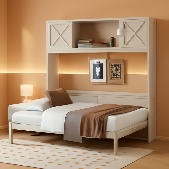 Full Size Murphy Bed with Storage Cabinets, Rustic Solid Wood Wall Bed with 3 Cabinet Shelves, Space Saving Foldable Bed for Studio Apartment, Guest Room, Home Office, Beige