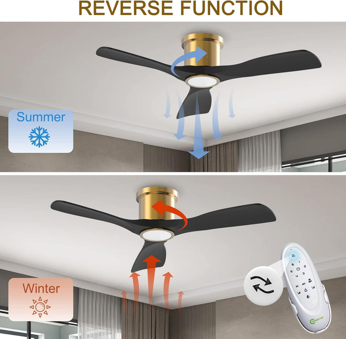 52 Inch Smart Ceiling Fan with Light and Remote, Indoor 3 Blade Black Gold Low Profile Flush Mount Modern Ceiling Fan for Bedroom Living Room