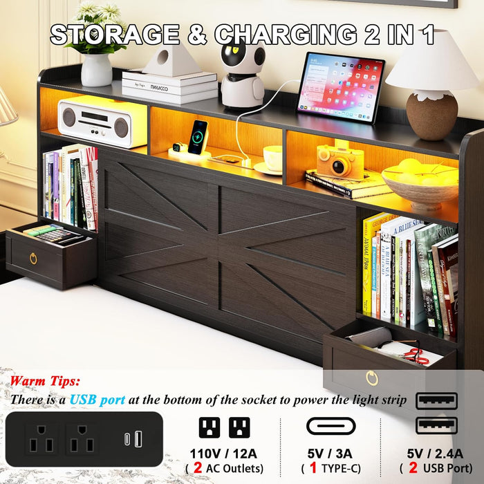 Queen Bed Frame with Storage Headboard, Farmhouse Platform Bed Frame with Bookshelf, Drawers, LED Lights and Charging Station, Metal Slats Support, Noise Free, No Box Spring Needed, Black