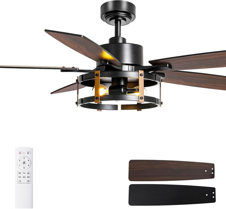 52 Inch Ceiling Fan with Light and Remote Control, Farmhouse Ceiling Fans with LED Lighting for Indoor and Outdoor, Black Caged Ceiling Fan for Bedroom Living Room and Garage