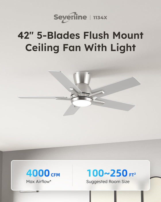 42 Inch Brushed Nickel Flush Mount Ceiling Fans with Lights and Remote, Low Profile Nickel Ceiling Fans for Bedroom Living Room Patio Porch, Quiet 6 Speed Reversible DC Motor, 3CCT, Dimmable