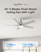 42 Inch Brushed Nickel Flush Mount Ceiling Fans with Lights and Remote, Low Profile Nickel Ceiling Fans for Bedroom Living Room Patio Porch, Quiet 6 Speed Reversible DC Motor, 3CCT, Dimmable