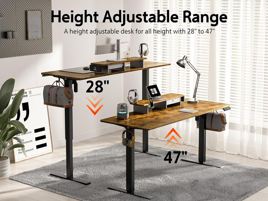 48X24 Inches Electric Standing Desk with Drawer and Monitor Stand, Height Adjustable for Home Office, Ergonomic Sit to Stand with Phone Holder, 3 Hooks, Rustic Brown - ShipItFurniture