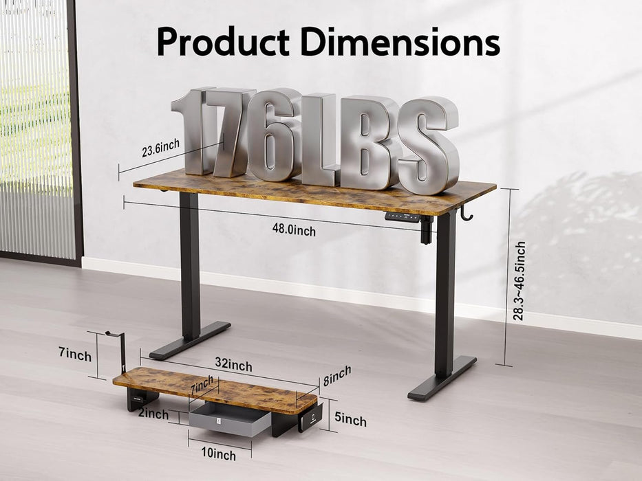 48X24 Inches Electric Standing Desk with Drawer and Monitor Stand, Height Adjustable for Home Office, Ergonomic Sit to Stand with Phone Holder, 3 Hooks, Rustic Brown - ShipItFurniture
