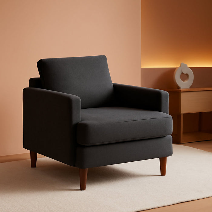 Mid-Century Accent Chair,Modern Linen Fabric Armchair for Living Room,Comfy Upholstered Reading Accent Chairs for Bedroom,Single Sofa Chair with Wood Legs (Dark Grey, 1 Pack)