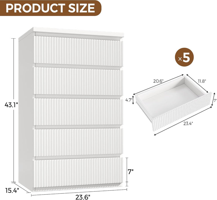 Fluted 5 Drawer Dresser, 43" Tall Dresser for Bedroom, Modern Fluted Chest of Drawers, Wood Drawer Organizer for Living Room, Bedroom, Entryway, Hallway (White)